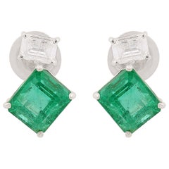 3,32 Karat Smaragd-Ohrstecker und Ohrstecker 0,60 Karat Diamant 14k Weißgold feiner Schmuck