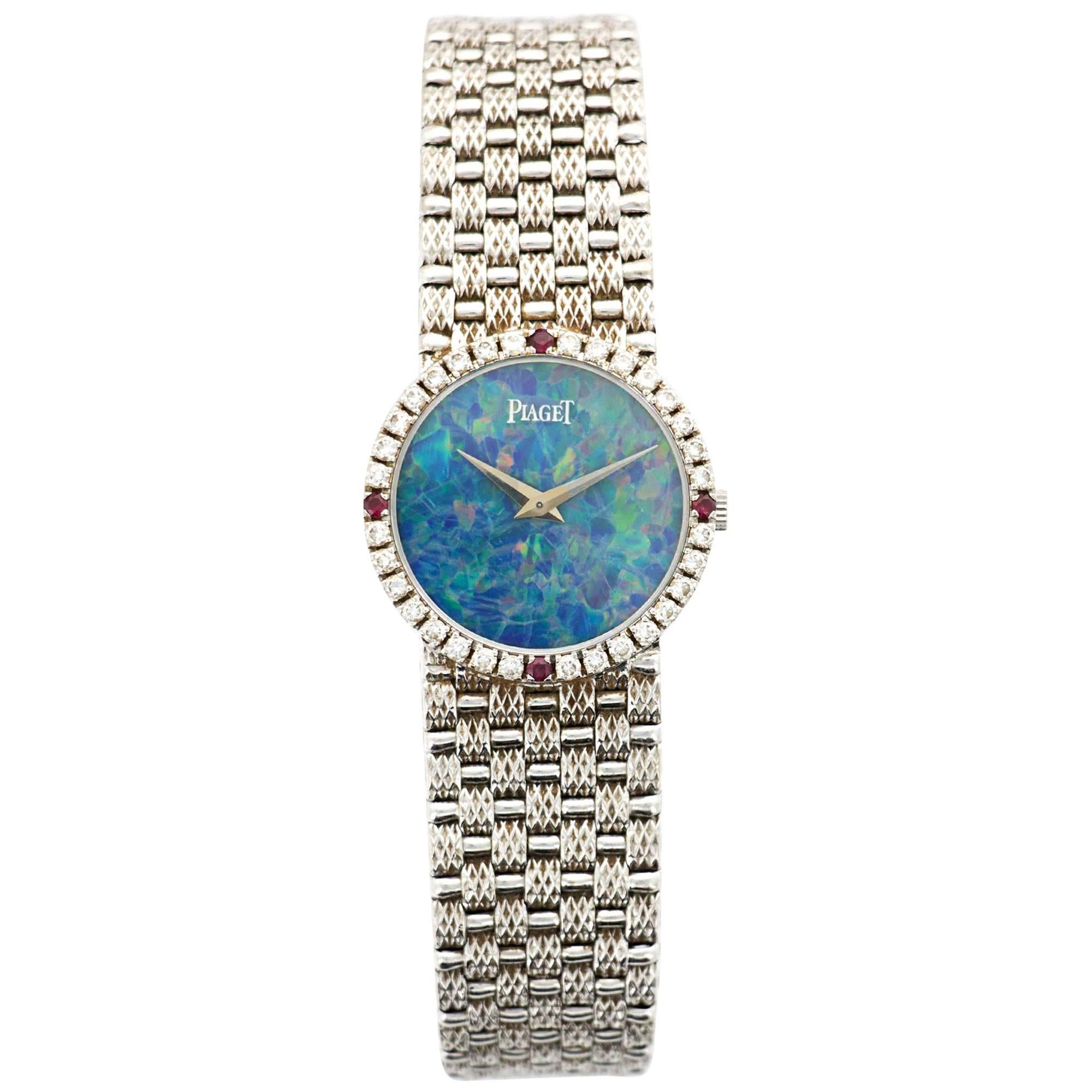 Piaget Ladies White Gold Diamond Ruby Opal Bracelet Mechanical Wind Wristwatch