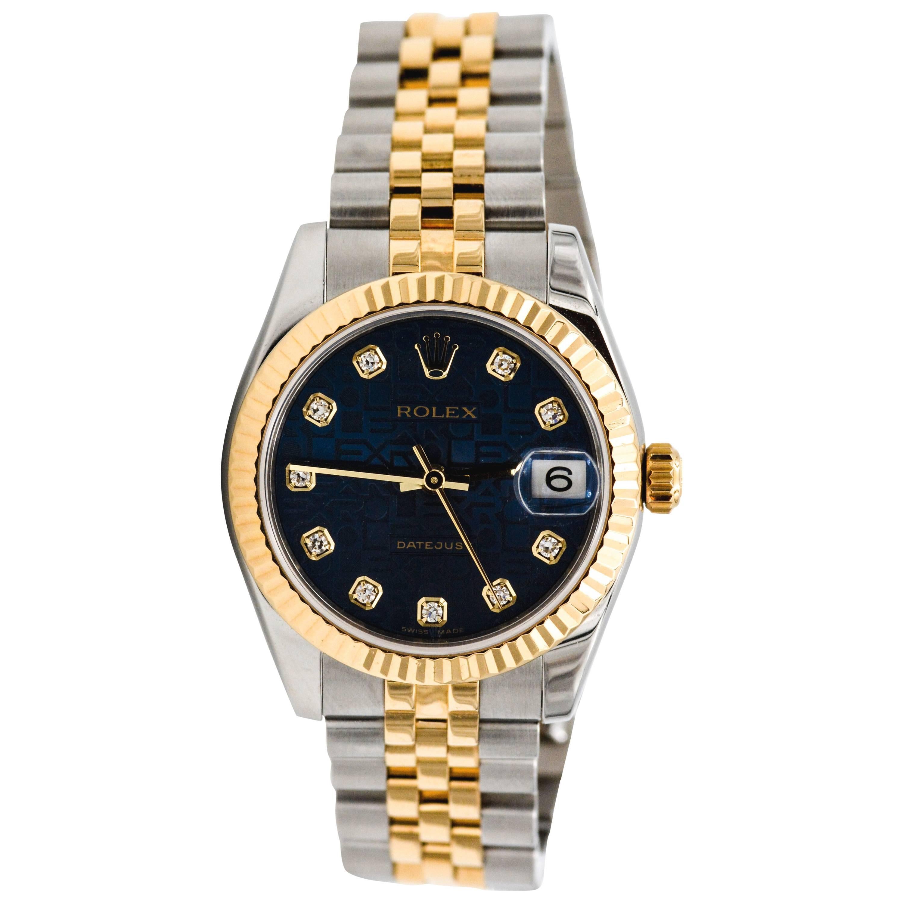 Rolex Ladies Yellow Gold Stainless Steel Blue Diamond Dial Automatic Wristwatch