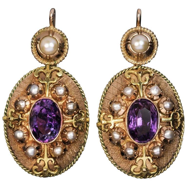 Victorian Antique Amethyst Pearl Two Color Gold Earrings at 1stDibs ...