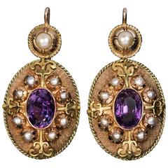 Victorian Antique Amethyst Pearl Two Color Gold Earrings