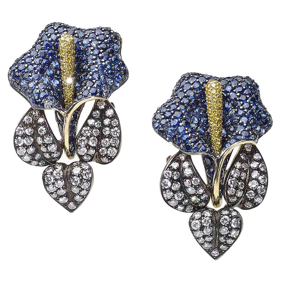 Modern Sapphire, Diamond, Silver and Gold Calla Lily Earrings