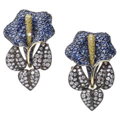 Modern Sapphire, Diamond, Silver and Gold Calla Lily Earrings