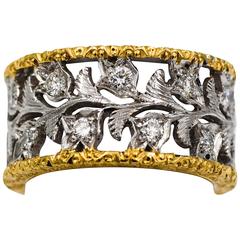18 Karat Yellow and White Gold Hand Engraved Filigree Leaf Pattern Eternity Band 6
