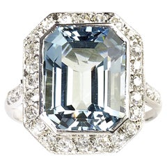 Antique Art Deco Aquamarine, Diamond and Platinum Ring
