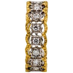 Yellow and White Gold Diamond Hand Engraved Filigree Eternity Band Ring 1
