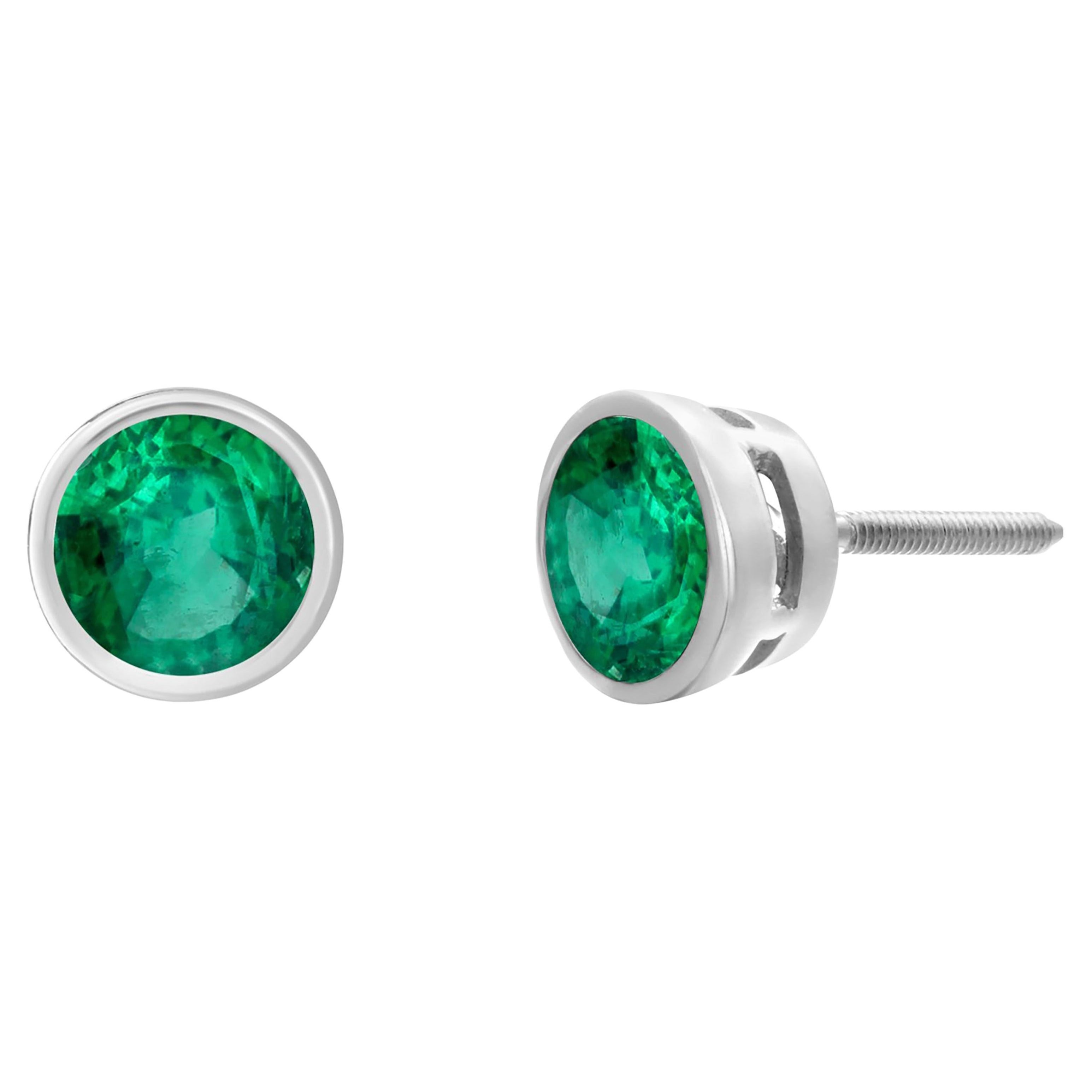 14K White Gold Bezel-Set Round Emerald Earrings 1.15 Carats Screw Back Closure