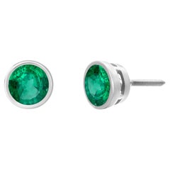 14K White Gold Bezel-Set Round Emerald Earrings 1.15 Carats Screw Back Closure