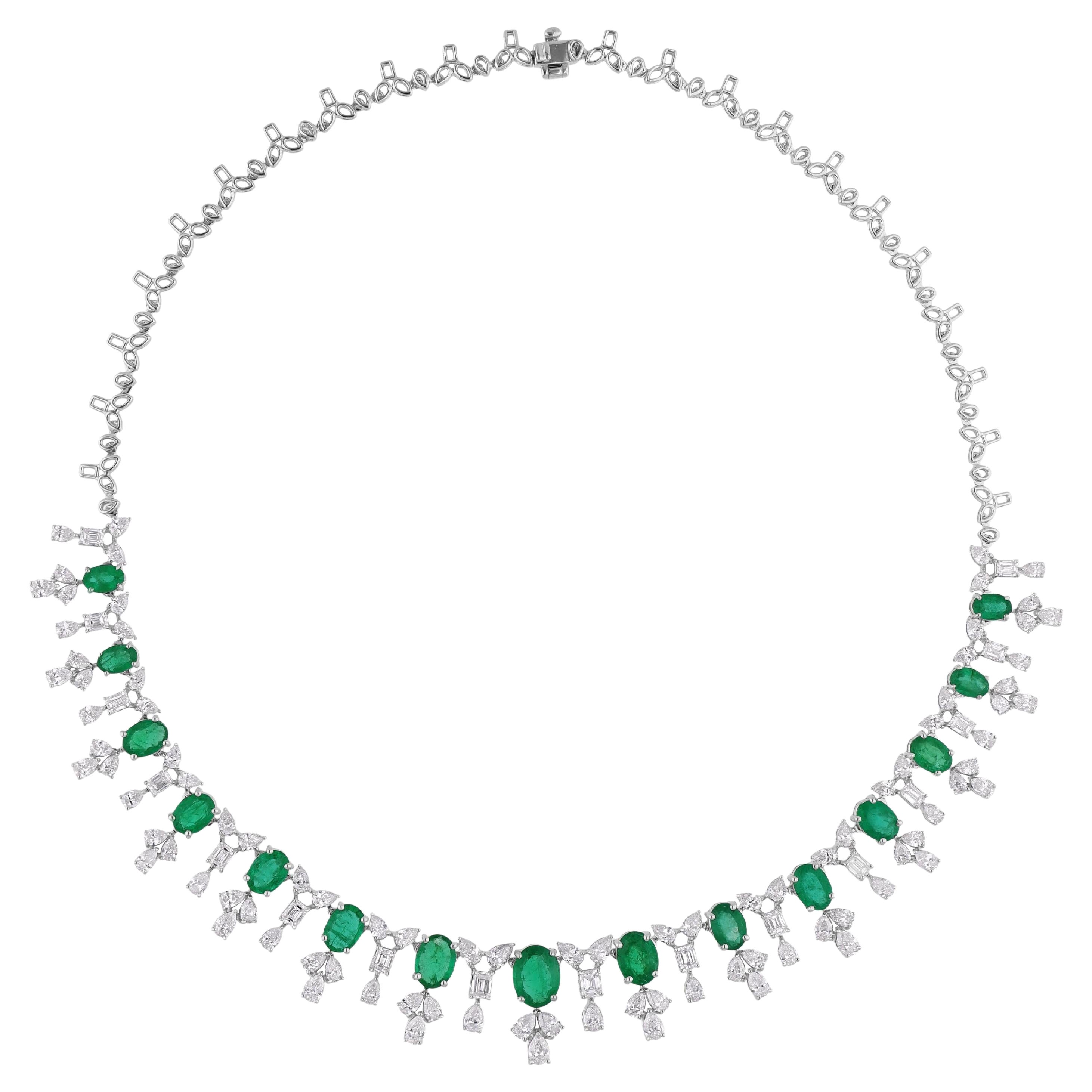 10.27 Carat Zambian Emerald 10.6 Carat SI/H Diamond 14 Karat White Gold Necklace For Sale