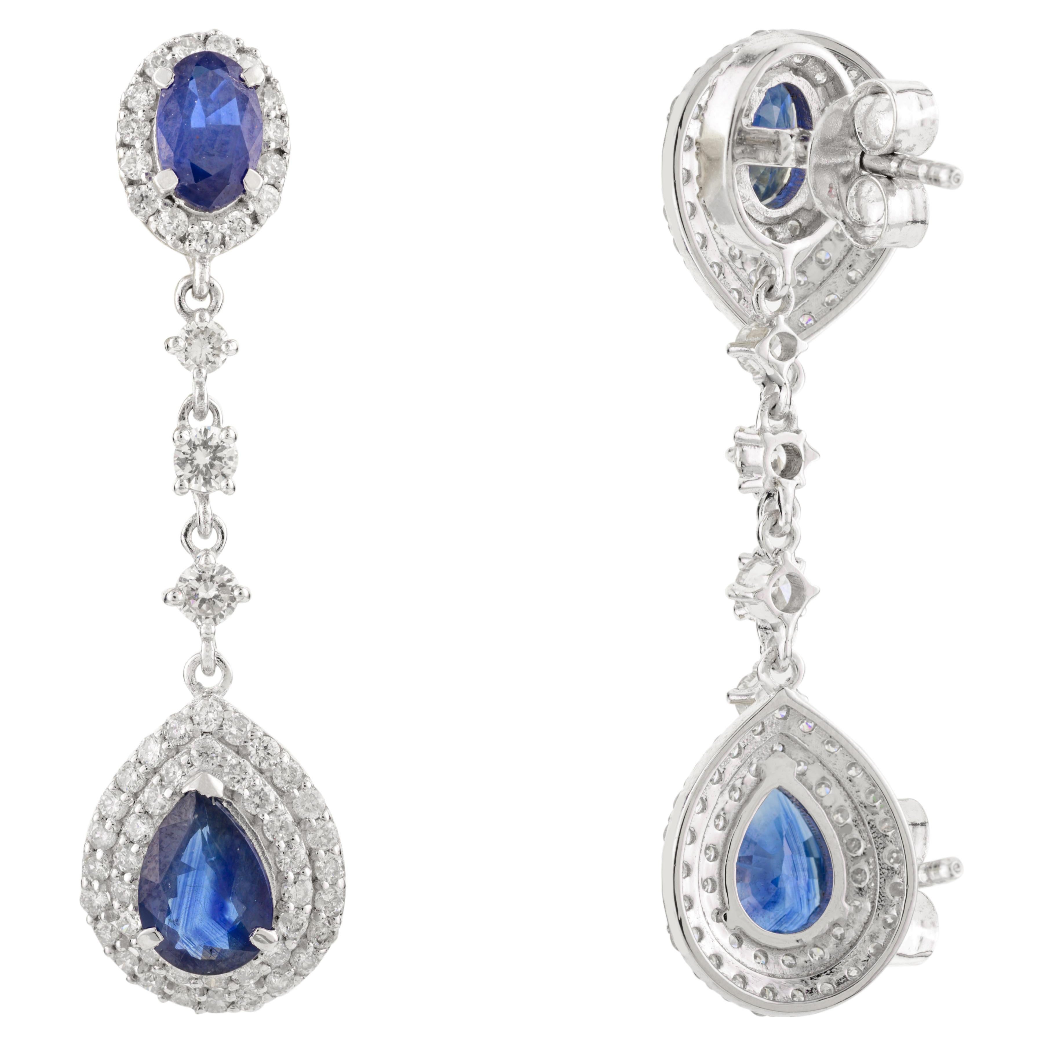 Orecchini a goccia in oro bianco massiccio 18k con zaffiro blu e diamante Regalo di lusso perfetto