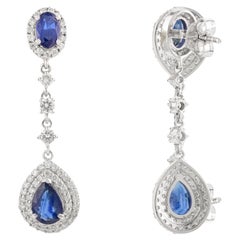 18k Solid White Gold Blue Sapphire & Diamond Drop Earrings Perfect Luxury Gift