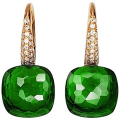 Green Grass Quartz 18k Gold Dangle Earrings with Pave of Diamonds