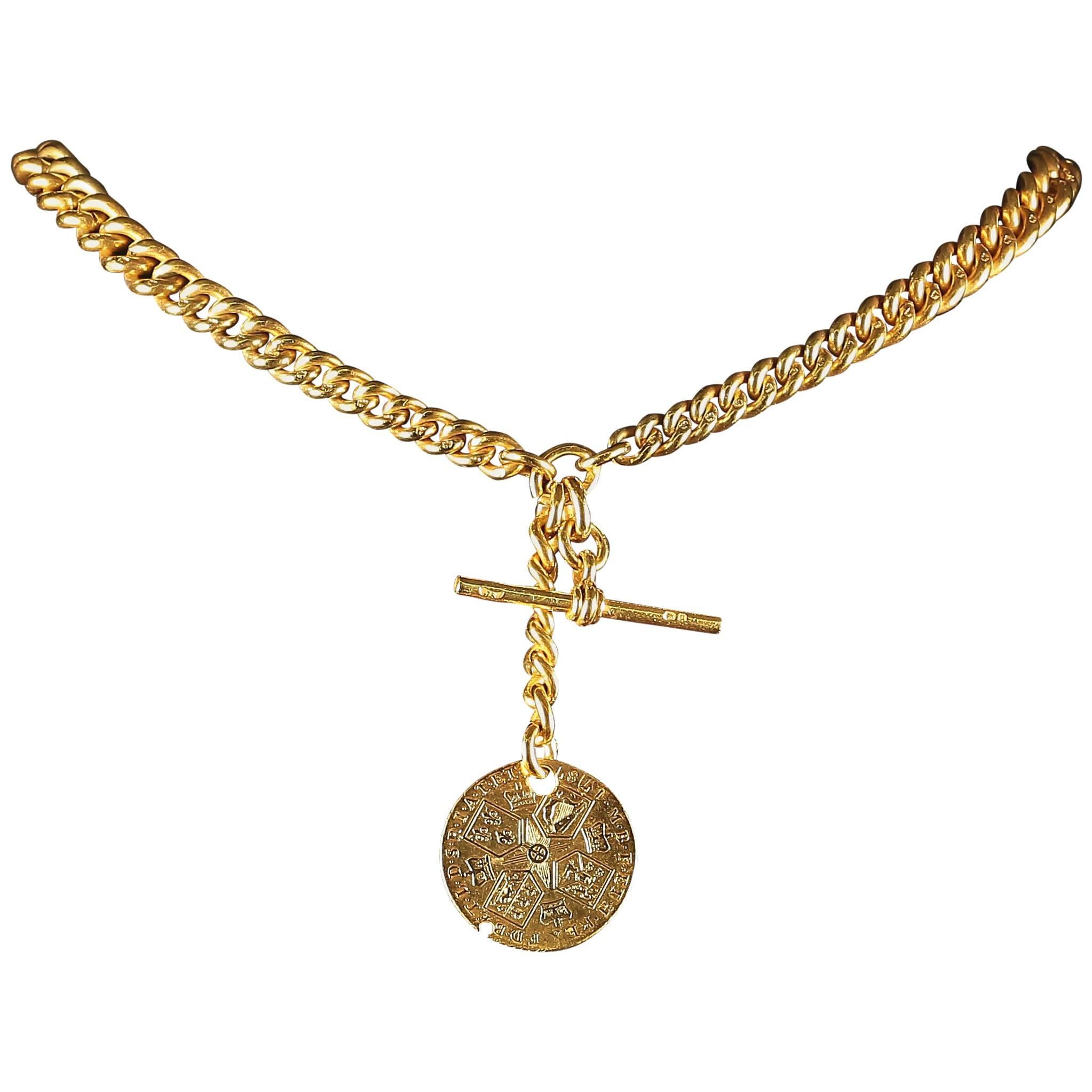 Antique Victorian Albert Chain Necklace with T Bar Coin Fob circa 1880