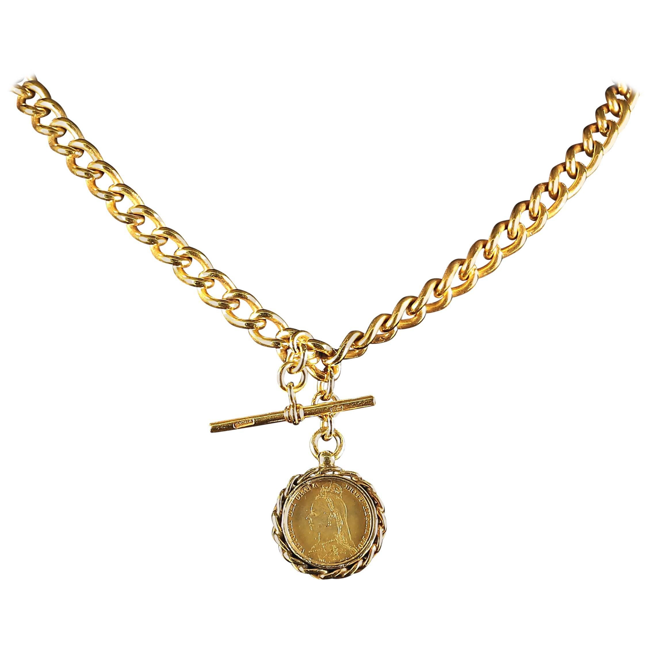 Antique Victorian Albert Chain Necklace Gold T Bar Coin Fob circa 1880