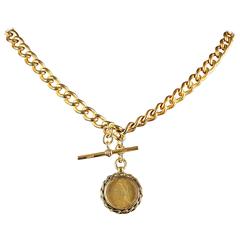 Antique Victorian Albert Chain Necklace Gold T Bar Coin Fob circa 1880