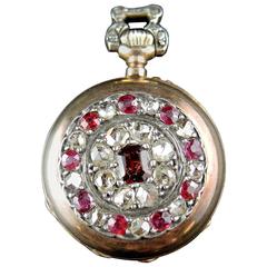Antique Rose Gold Diamonds Rubies Garnet Pocket Watch circa 19th Century