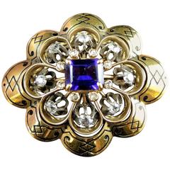 French Napoleon III Amethyst Diamond Gold Brooch circa 1850