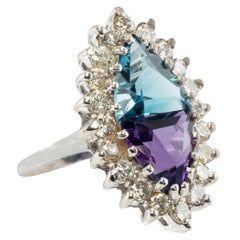Anillo Diamante Natural Amatista Topacio Oro Blanco 14K Trillón
