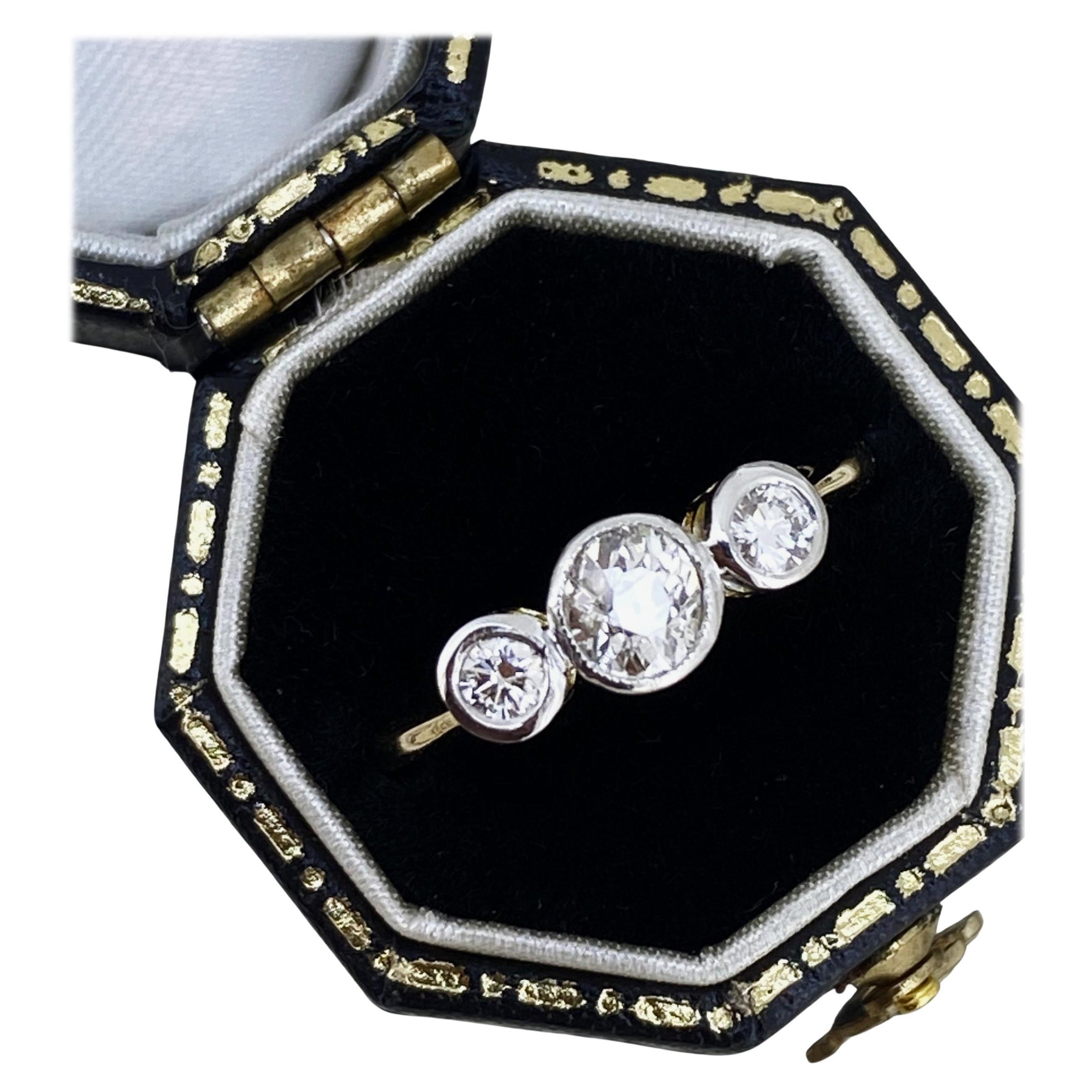 Art-Deco Three-Stone Trilogy Old Cut Bezel Set Diamond Platinum 18K Gold Ring