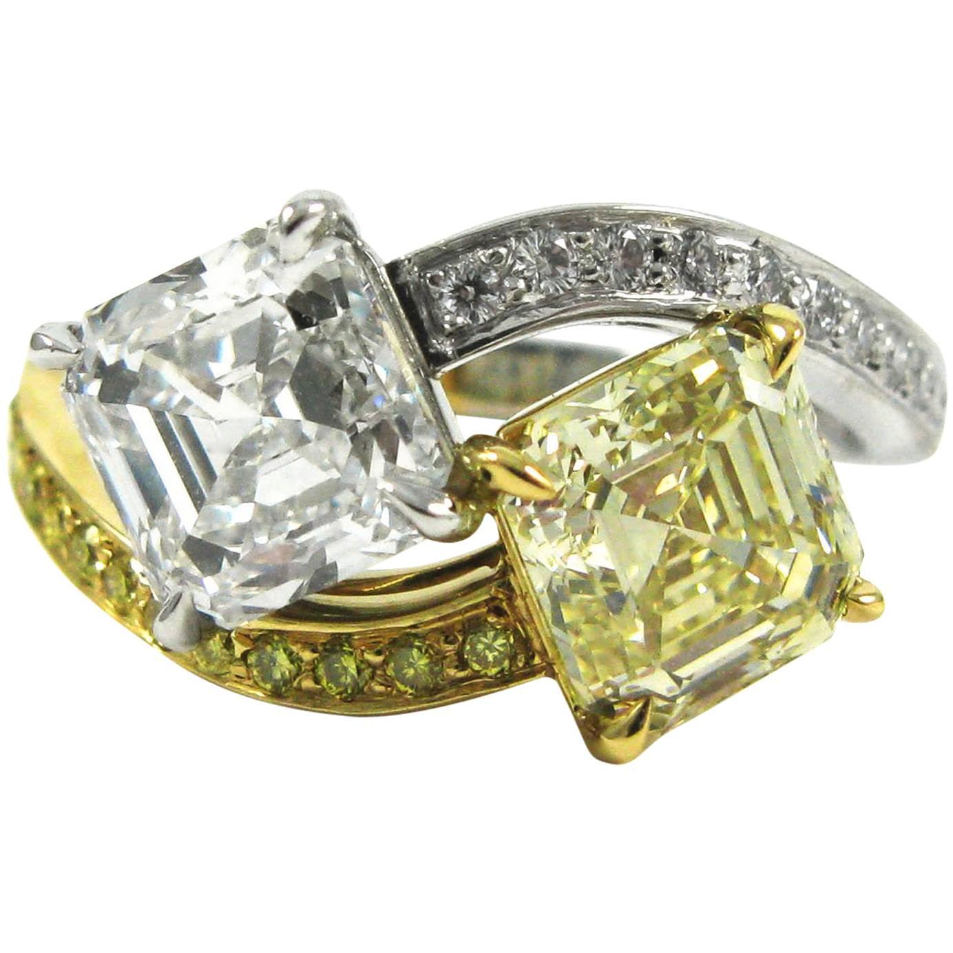 GIA Certified Fancy Yellow and White Asscher Cut Diamonds Moi et Toi Ring 