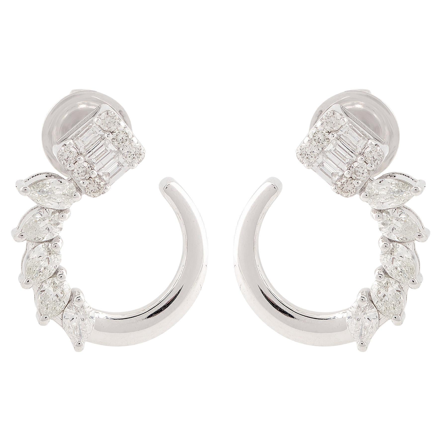 1.25 Carat Marquise Baguette Diamond Minimalist Stud Earrings 18k White Gold For Sale