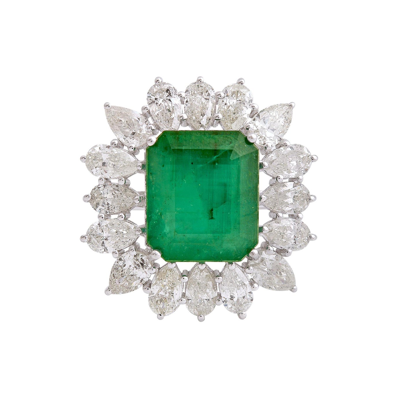 7.41 Carat Zambian Emerald Cocktail Ring 3.40 Carat Pear Diamond 18k White Gold