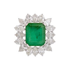 7.41 Carat Zambian Emerald Cocktail Ring 3.40 Carat Pear Diamond 18k White Gold