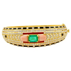 Black Onyx Coral Emerald Bangle Bracelet Diamond 18k Yellow Gold Enamel Jewelry