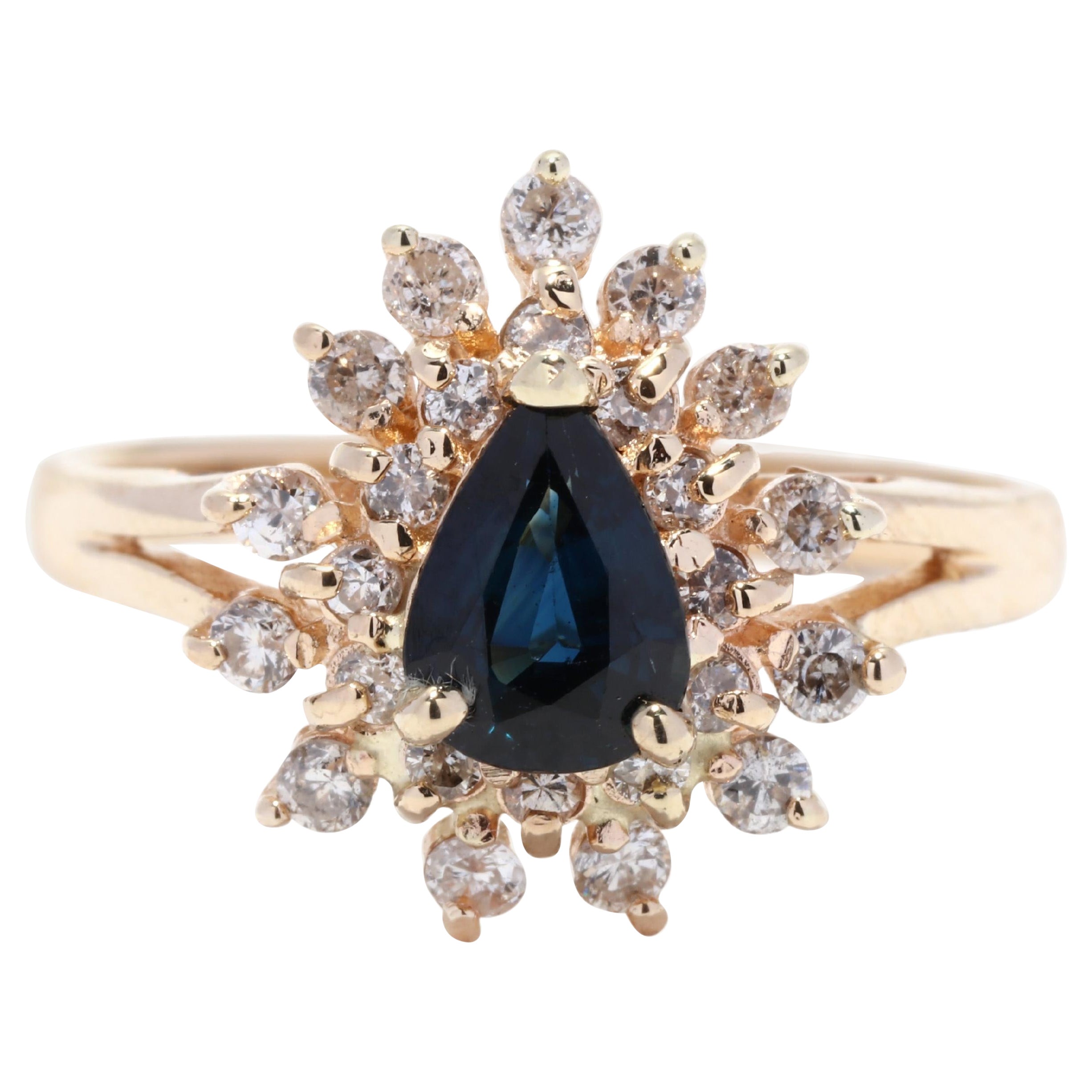 Anillo Halo Zafiro Pera Diamante, Oro Amarillo 14K, Anillo Racimo de Diamantes