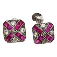 Boucles d'oreilles vintage en platine et or blanc 9ct avec diamants et rubis