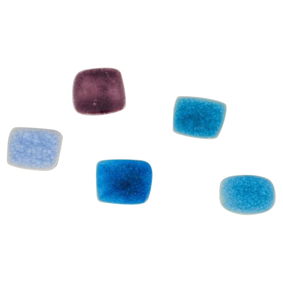 Ole Bjørn Krüger. Five brooches in glazed stoneware in blue and purple shades