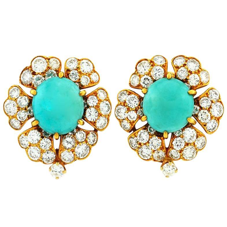 David Webb Turquoise Diamond Gold Cluster Earrings For Sale