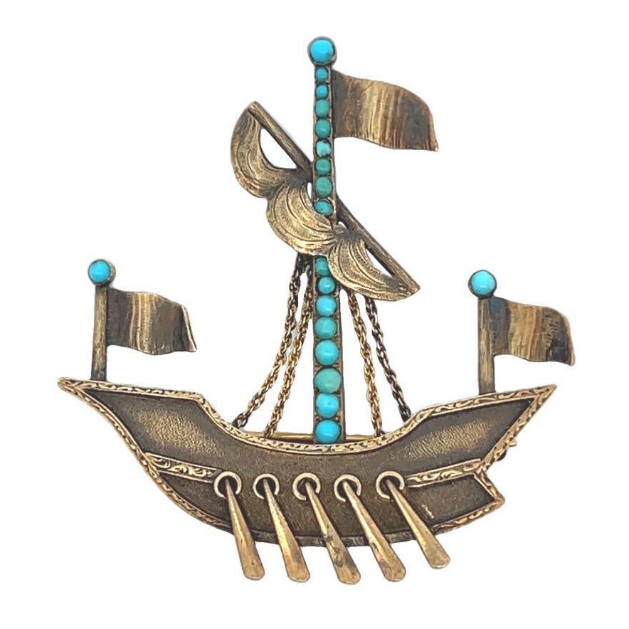 Antique Turquoise Ship Brooch
