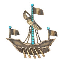 Antique Turquoise Ship Brooch