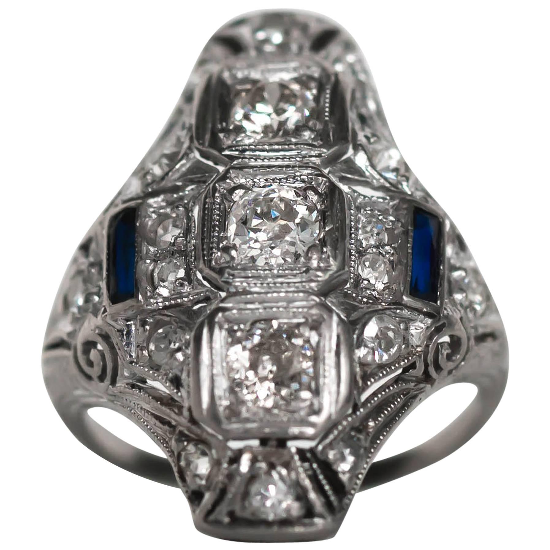 1920s Art Deco Platinum Diamond and Sapphire Shield Cocktail Ring