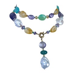Amethyst, Citrine, Chalcedony & Baroque Pearl Sautoir with Solid 14k Yellow Gold