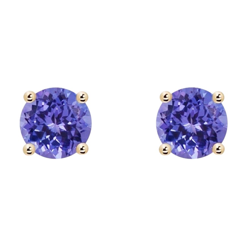 2.5 Carat Round Tanzanite Stud Earrings 14 Karat Yellow Gold, Post Back