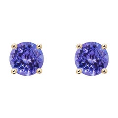 Orecchini con perno in tanzanite tonda da 2,5 carati, oro giallo 14 carati, chiusura a perno