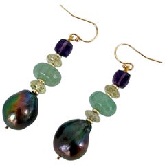 Baroque Black Pearl, Amethyst, Chalcedony, Citrine & Solid 14k Earrings