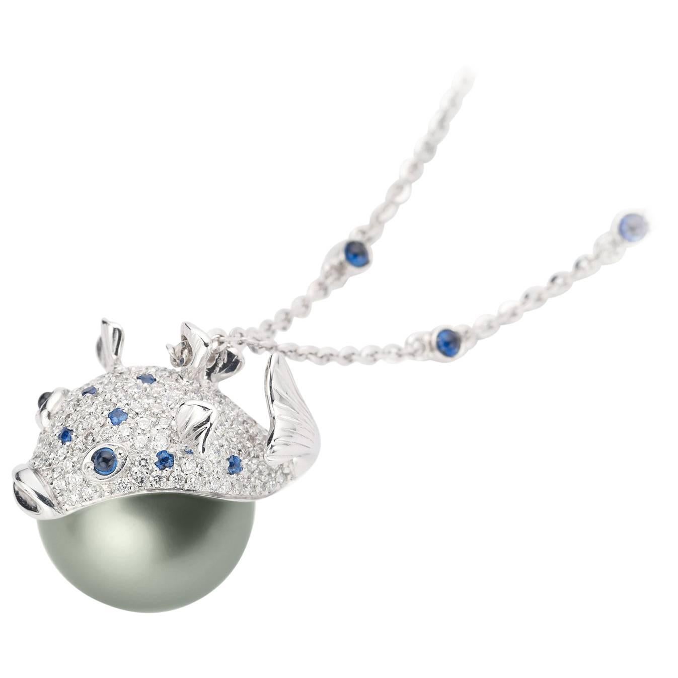 Pendant/Necklace Puffer Fish White Diamond Blue Sapphire Tahiti Pearl 18Kt Gold 