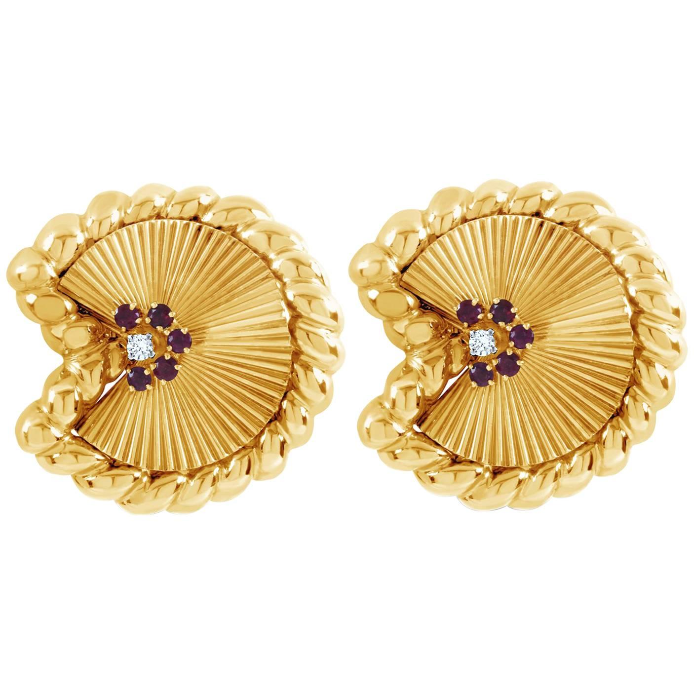 David Webb Ruby Diamond Gold Fan Earrings For Sale