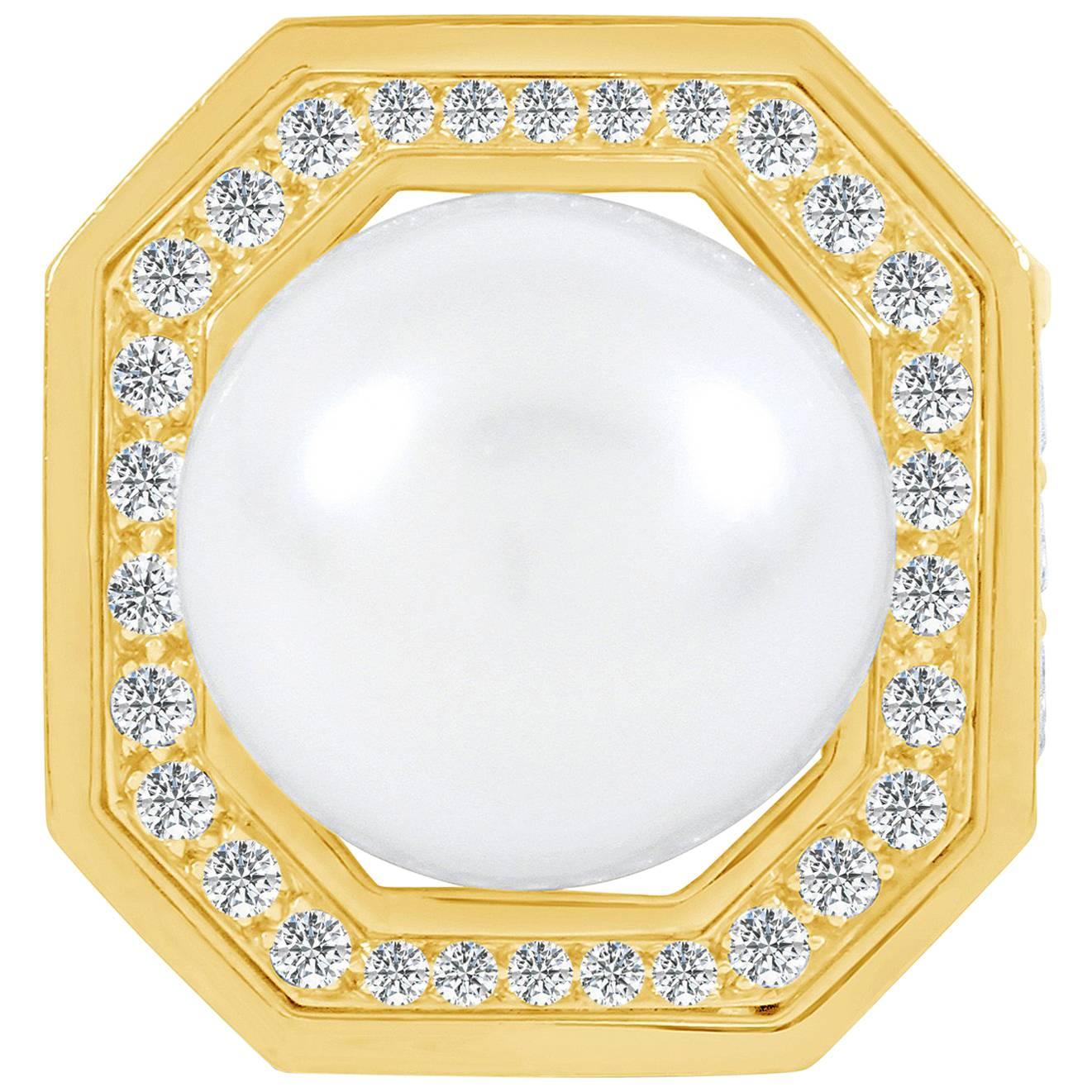 David Webb Black Onyx South Sea Pearl Diamond Gold Platinum Ring For Sale