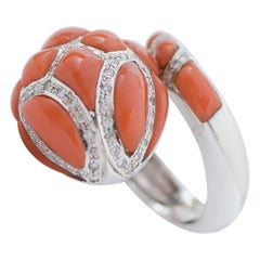 Coral, Diamonds, 14 Karat White Gold Snake Ring.