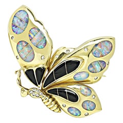 Diamond Opal Onyx Gold Butterfly Pin