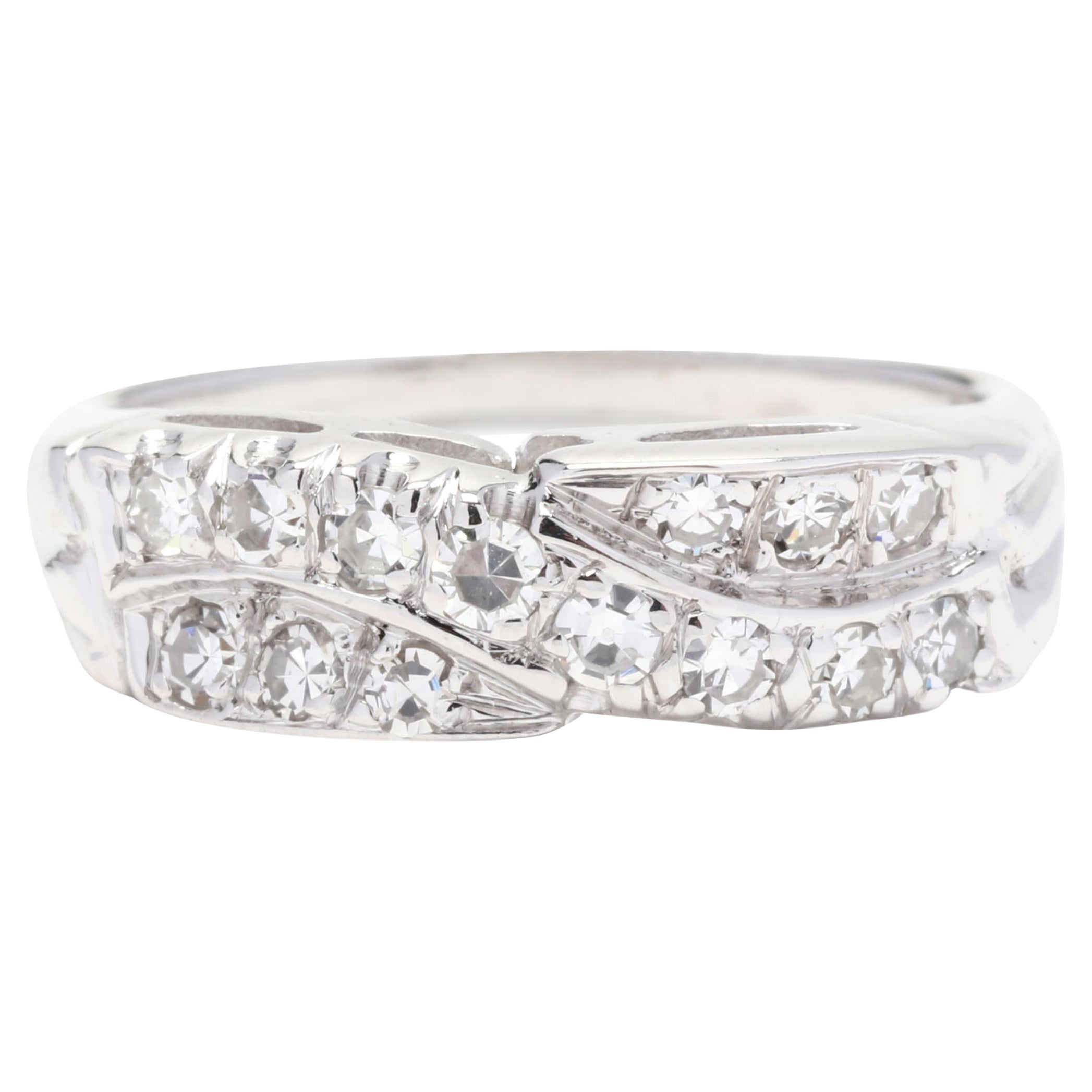 Diamond Crossover Band Ring, 14K White Gold, Ring Size 5.75, Vintage Diamond