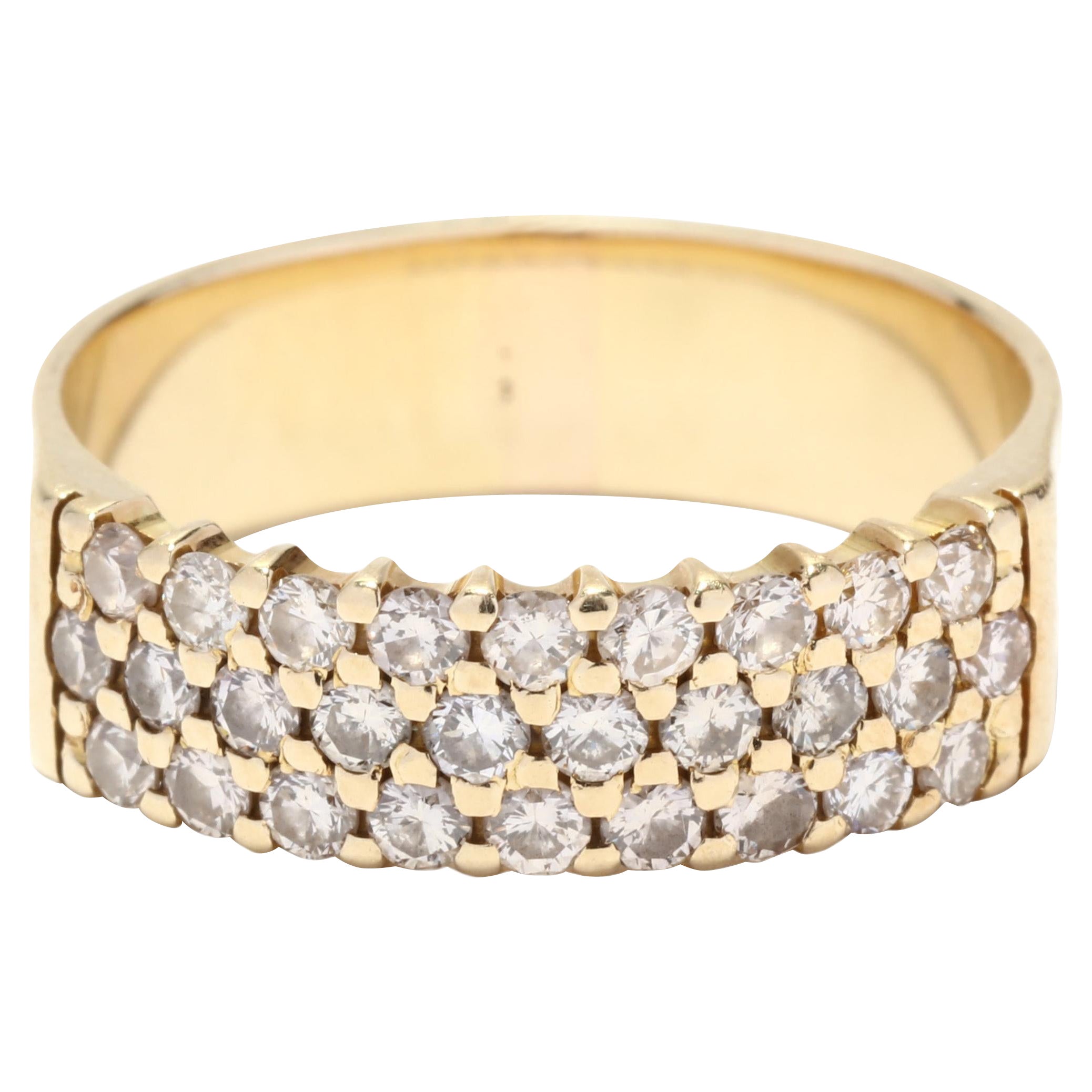 Anillo de tres filas con pavé de diamantes, oro amarillo de 14 quilates, Anillo