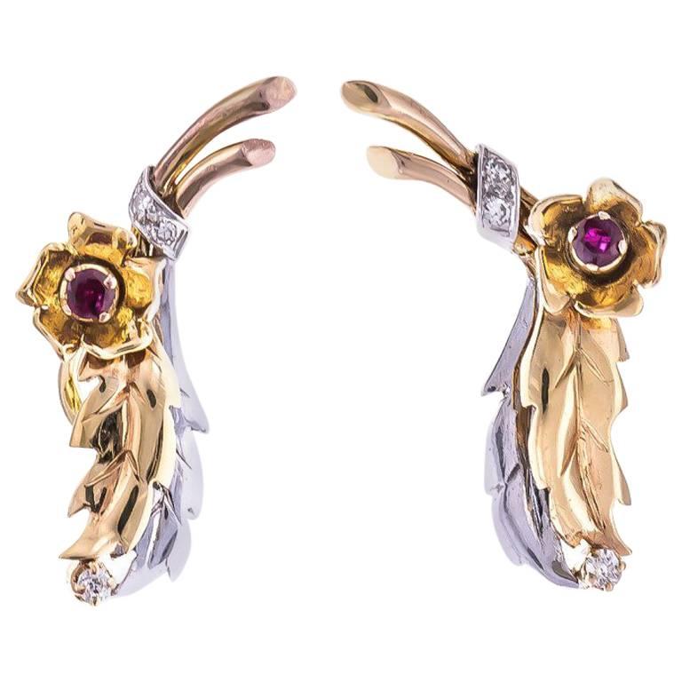  Ruby Diamond Gold Flower Clip-On Earrings For Sale