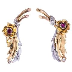  Ruby Diamond Gold Flower Clip-On Earrings