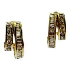 Créoles vintage en or jaune 14 carats avec diamants naturels baguettes et ronds