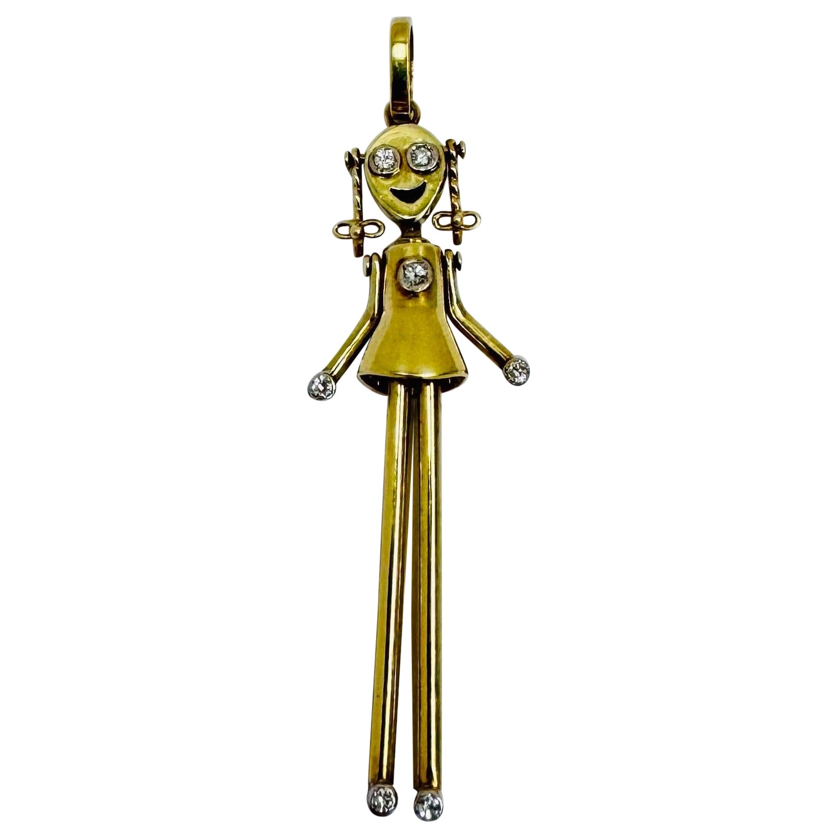 Pendentif vintage en or 14K représentant une fille articulée avec 7 diamants - Kinetic Design, 2 en vente